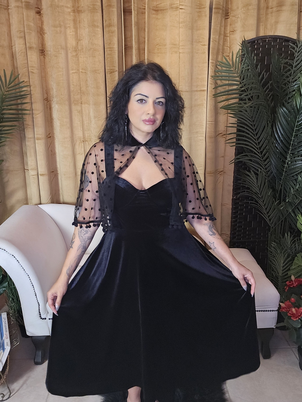 SHEIN Black Velvet Midi Dress with Polka Dot Capelet